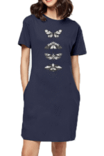 A woman wears the Stylish T-Shirt Dress by Looga, in navy blue with white butterfly and moth designs, featuring short sleeves and pocket details.