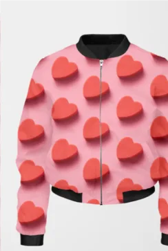 A pink bomber jacket for women with a design of red, three-dimensional hearts scattered across. The jacket has a black collar, cuffs, and hem.