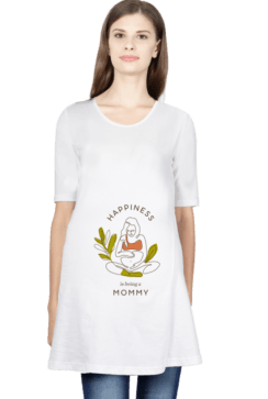 A stylish maternity t-shirt featuring the phrase "Happiness Mommy," perfect for celebrating motherhood in comfort.