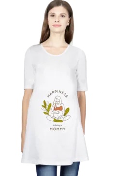 A stylish maternity t-shirt featuring the phrase "Happiness Mommy," perfect for celebrating motherhood in comfort.