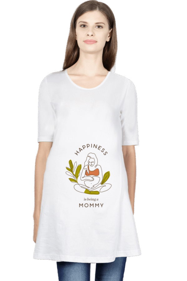 A stylish maternity t-shirt featuring the phrase "Happiness Mommy," perfect for celebrating motherhood in comfort.