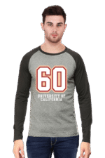 A man with dark hair and a beard wears a Stylish Raglan T-Shirt from Looga.in, featuring gray front and black sleeves, with a large red and white 60 above University of California, adding an edgy flair as he stands against a plain white background.