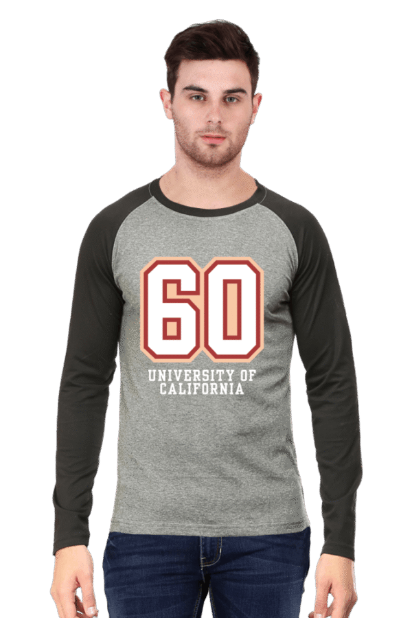 A man with dark hair and a beard wears a Stylish Raglan T-Shirt from Looga.in, featuring gray front and black sleeves, with a large red and white 60 above University of California, adding an edgy flair as he stands against a plain white background.