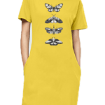 A woman models a yellow t-shirt dress adorned with a butterfly design, showcasing a stylish and casual summer look.