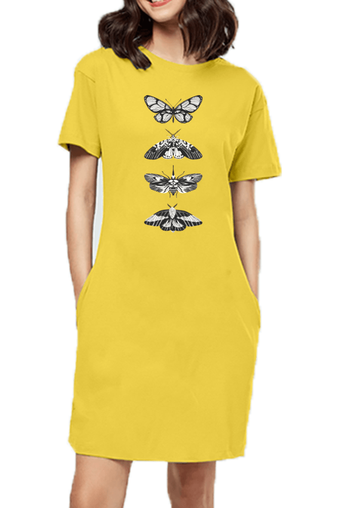 Golden Yellow A woman models a yellow t-shirt dress adorned with a butterfly design, showcasing a stylish and casual summer look.