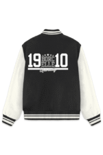 A stylish black varsity jacket with white sleeves, striped cuffs, and BORCELLE University on the back features five stars and numbers 19 and 10, ideal for fans of classic Looga style. Available at Looga.in.
