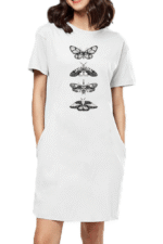 A woman wears a Stylish T-Shirt Dress for Women by Looga, featuring knee-length cut, black and white butterfly and moth illustrations, and convenient pockets. This effortlessly chic piece is perfect for any casual occasion, adding a touch of flair to her look.