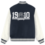 A black and white varsity jacket with "BORCELLE University 1910" printed on the back.