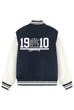 A black and white varsity jacket with "BORCELLE University 1910" printed on the back.