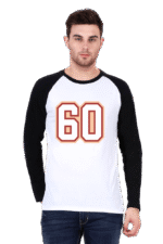 Man wearing a stylish white and black raglan T-shirt with the number 60 printed on it, paired with jeans.