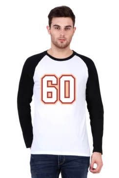 Man wearing a stylish white and black raglan T-shirt with the number 60 printed on it, paired with jeans.