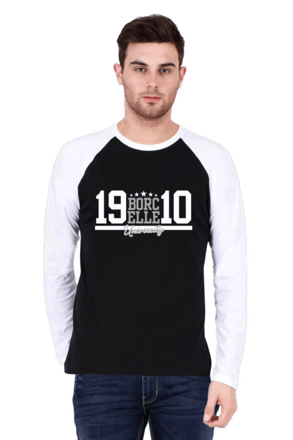 A man in a stylish raglan t-shirt stands against a plain background, his white and black shirt featuring the bold text "BORCELLE 19 10.