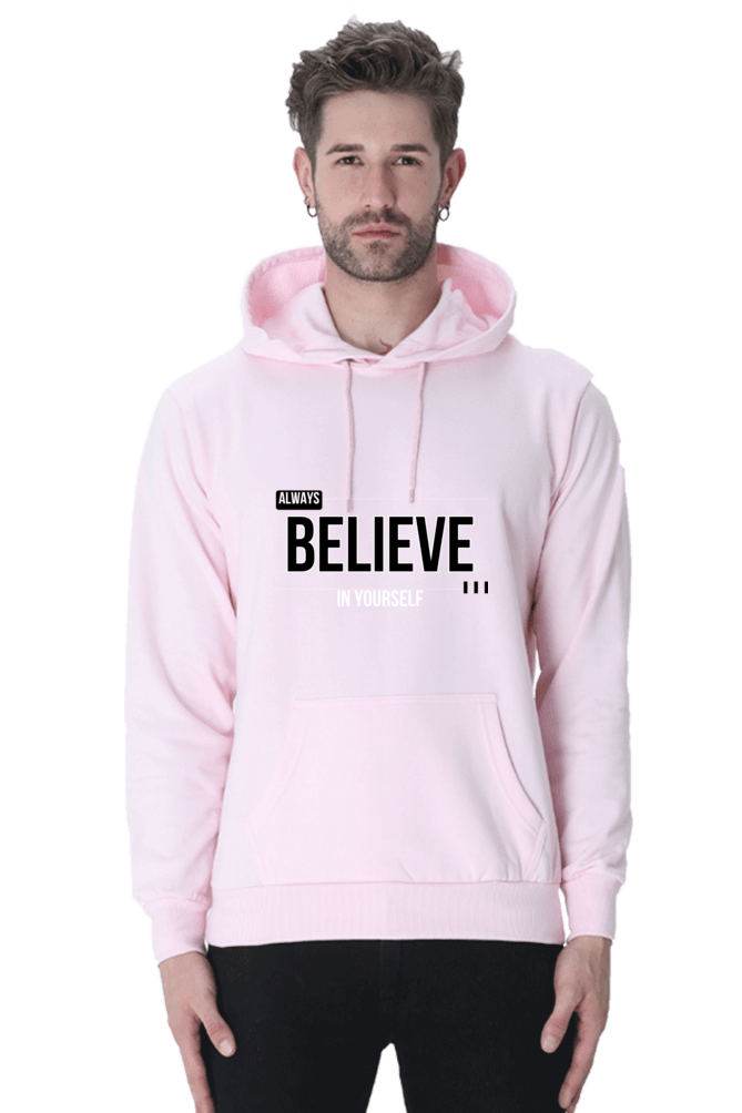 A man wearing a light pink Always Believe in Yourself Hooded Sweatshirt, known for its soft, breathable fabric and style for men and women, exudes calm confidence akin to Loogas serene landscapes. A man wearing a light pink Always Believe in Yourself Hooded Sweatshirt, known for its soft, breathable fabric and style for men and women, exudes calm confidence akin to Loogas serene landscapes.