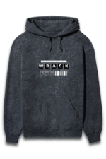 Unisex navy blue acid wash hoodie with WRACK boldly in white, featuring a barcode and text design underneath. The lightly washed texture adds a vintage feel. Includes a front pocket and drawstring hood for comfort and style.