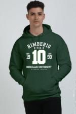 A young man wears a Heavy Cotton Hoodies - Comfort and Style for Every Season in green, showcasing Rimberio USA, the number 10, Borcellec University, Est. 1990, and Varsity Team in white, standing against a plain background with a neutral expression.