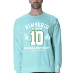 A man wears a light blue unisex sweatshirt named Mint, featuring the text Rimberio USA 10, Est. 1990, Borcelle University, Varsity Team in white and green on a plain white background that highlights its unique charm.