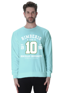 A man wears a light blue unisex sweatshirt named Mint, featuring the text Rimberio USA 10, Est. 1990, Borcelle University, Varsity Team in white and green on a plain white background that highlights its unique charm.