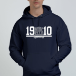 A person wearing an extra large Navy Blue hoodie with 19 BORELL 10 Champions printed on it, standing against a plain background.