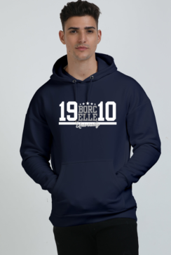 A person wearing an extra large Navy Blue hoodie with 19 BORELL 10 Champions printed on it, standing against a plain background.