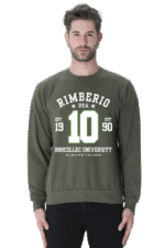 A man with short hair and a beard wears an Olive Green unisex sweatshirt featuring white text, the number 10, and the words Rimberio 1990 USA along with Borcellec University printed on the front.