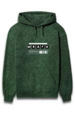 The Bottle Green acid wash unisex hoodie features a textured finish, front pocket, and drawstring hood. It displays a design with We Never Go With You above the bold WRACK and a barcode-like graphic in white and black.