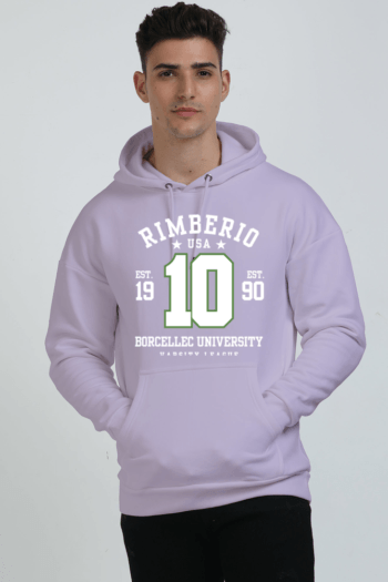 A person wears a light purple Heavy Cotton Hoodies - Comfort and Style for Every Season featuring Rimberio USA, Borcellec University, number 10, small stars, and Est. 1990. Standing against a plain background, it showcases the hoodie’s stylish comfort and durability.