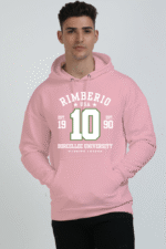 Dressed in a pink heavy cotton hoodie from the Rimberio USA collection, adorned with the number 10 and the phrase Est. 1990 Borcellec University Varsity League, against a light-colored backdrop, offering comfort and style for every season.