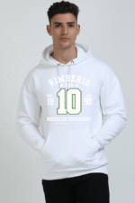 A person wears a Heavy Cotton Hoodie with Rimberio USA, Borcellec University, and the numbers 19, 90, and 10 on the front, featuring a simple design on neutral gray.