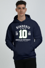 A navy Heavy Cotton Hoodie showcases RIMBERIO USA, the number 10, and BORCELLEC UNIVERSITY in stylish white and green text on the front.