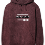 Explore the Maroon unisex acid wash hoodie, featuring a large front pocket and adjustable drawstrings. It showcases a bold black and white Wrack design above barcode-like patterns, blending style and comfort flawlessly.