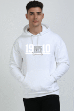 A person is wearing an extra-large white hooded sweatshirt with 1910 Borcelle University on the front, standing against a plain background.