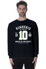 A stylish unisex Black sweatshirt features RIMBERIO USA 10 EST. 1990 BORCELLEC UNIVERSITY VARSITY TEAM in bold white and green, perfect for fans of the iconic brand.
